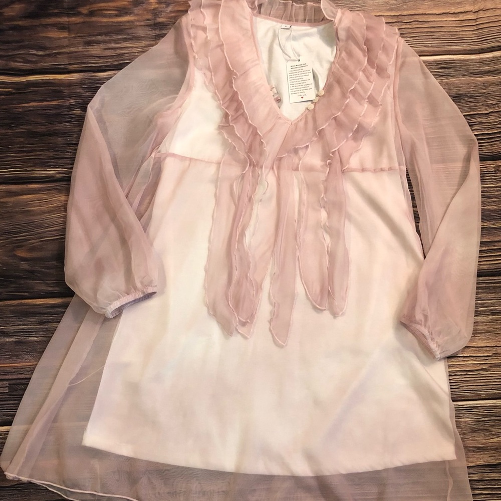 073 NWT Lovely Sheer Long Sleeve Ruffle Front Pale Pink White Under-Dress Sze S